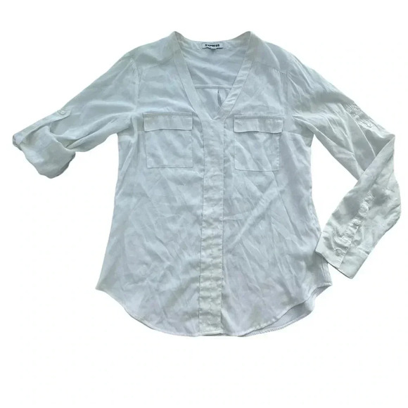Express white two patch pocket shirt blouse with roll up sleeve Small - Picture 8 of 12
